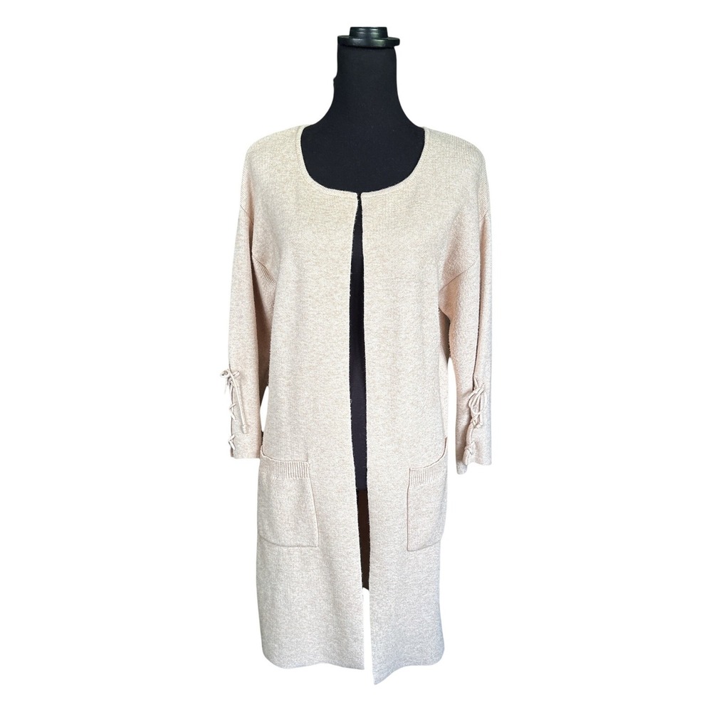 TeeBerry & Weave Longline Tan Duster Cardigan Sweater, Lace-Up Bell Sleeve,Small